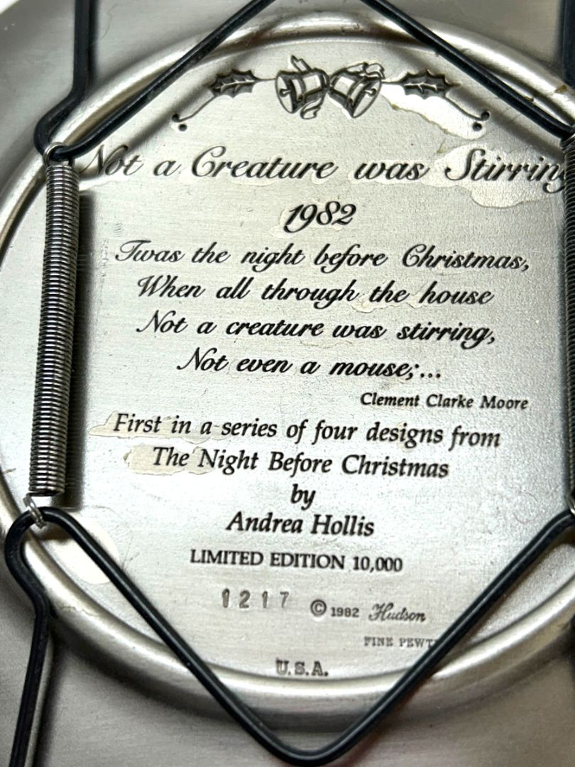 1982 Hudson Pewter Plate Andrea Hollis Christmas Limited 5.9" Not a Creature was Stirring