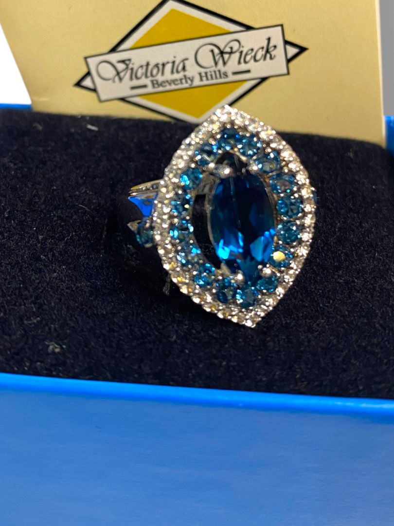 Size 6.5 Victoria Wieck Blue Topaz and CZ Sterling Silver 925 Ring in Box