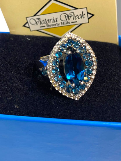 Size 6.5 Victoria Wieck Blue Topaz and CZ Sterling Silver 925 Ring in Box