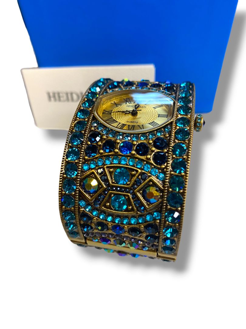 Heidi Daus Divinely Deco Cuff Bangle Watch Pave Crystal Working Blues
