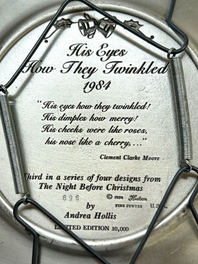 1984 Hudson Pewter Plate Andrea Hollis Christmas Limited 5.9" His Eyes How They