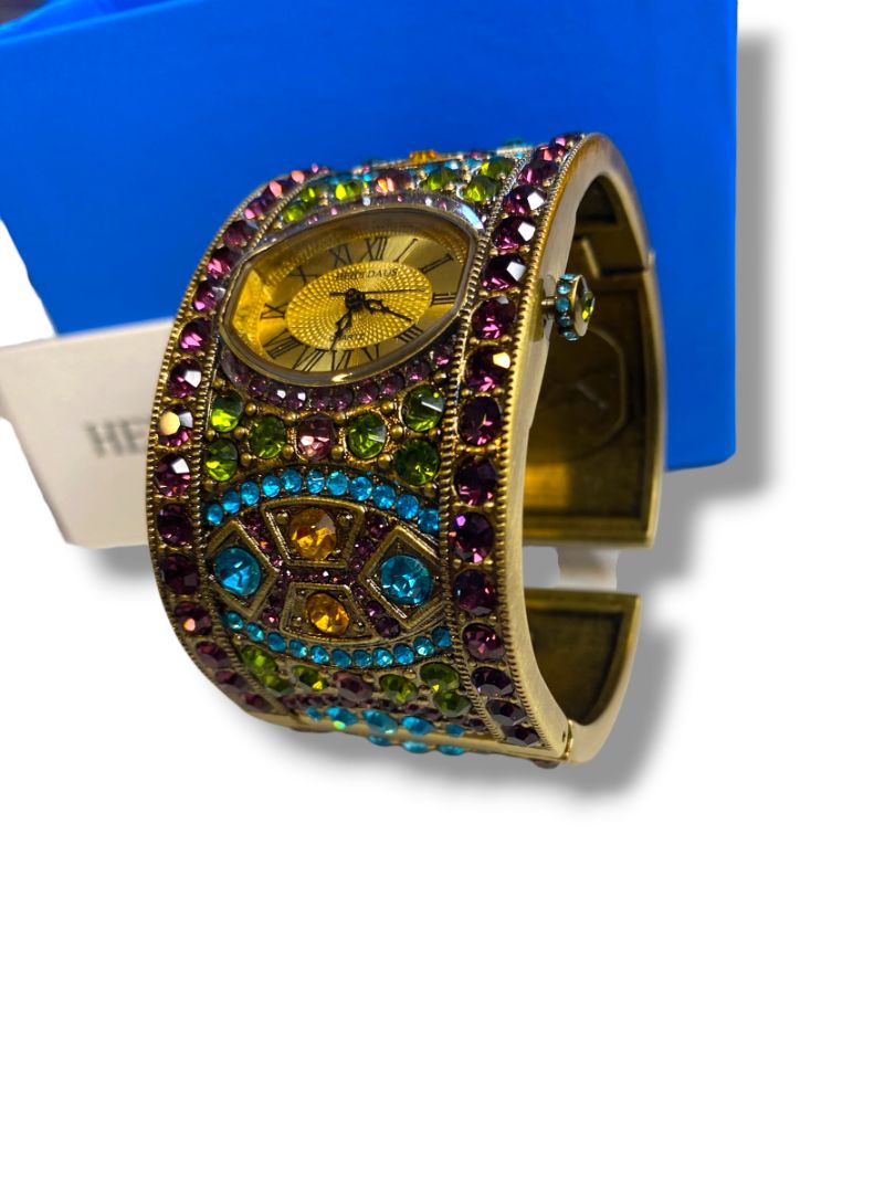 Heidi Daus Divinely Deco Cuff Bangle Watch Pave Crystal Working Multicolor