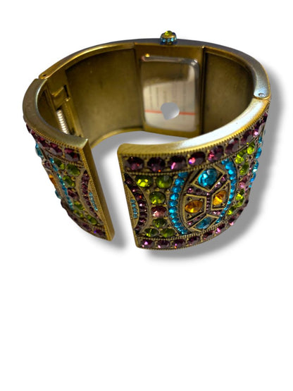 Heidi Daus Divinely Deco Cuff Bangle Watch Pave Crystal Working Multicolor