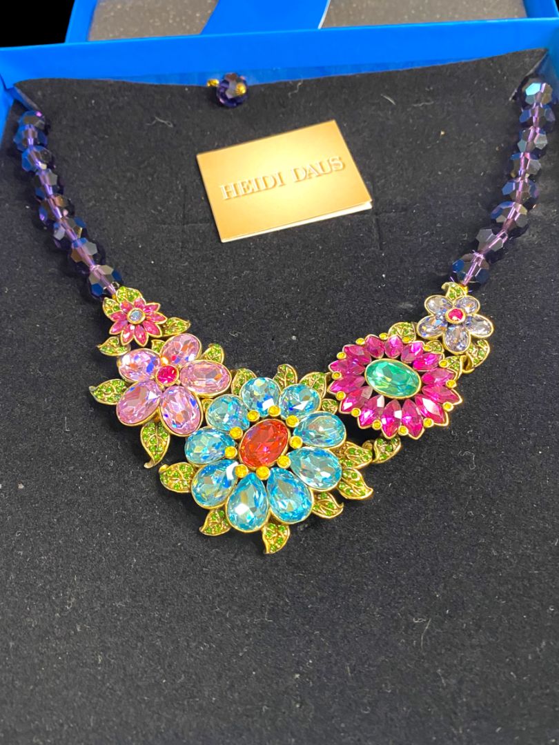 Heidi Daus Glorious Garden Statement Floral Necklace Multicolor Crystals with Box