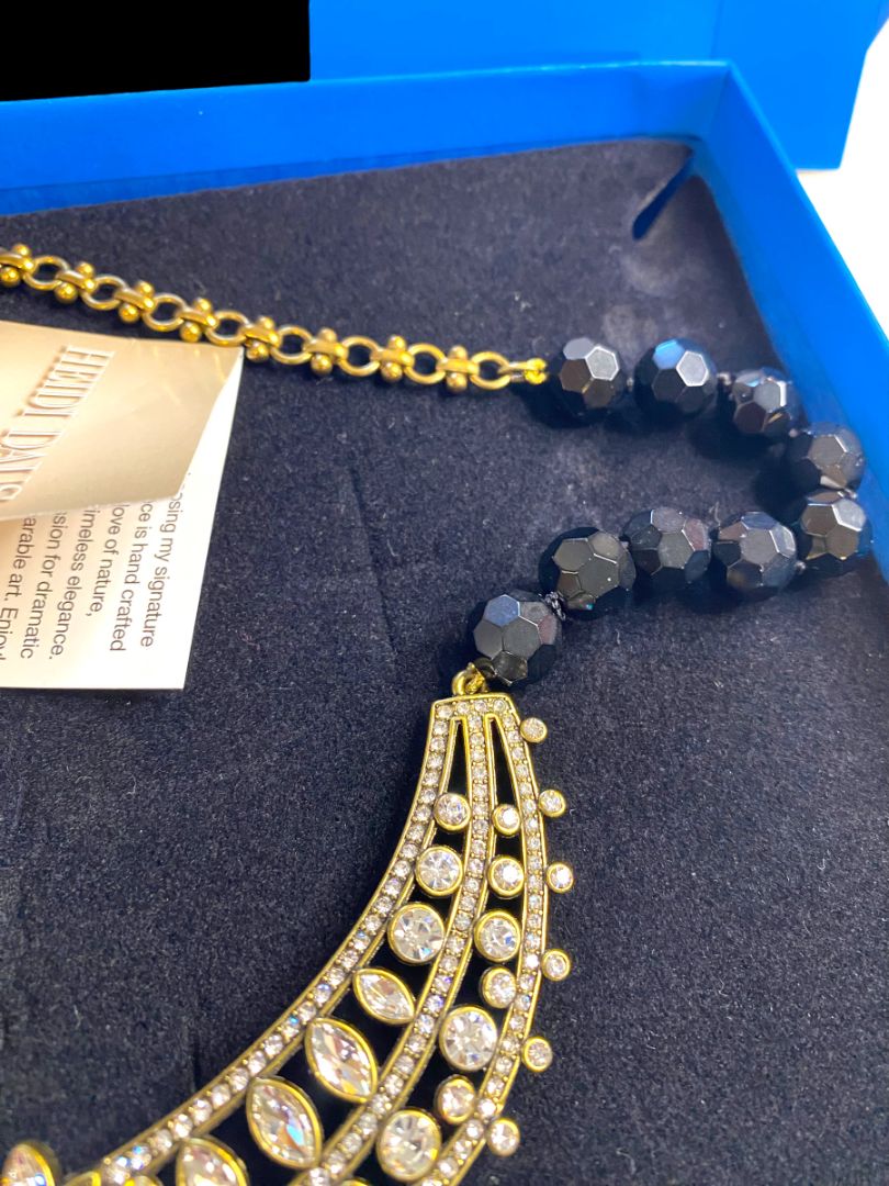 Heidi Daus French Twist Collar Necklace Removable Brooch Black Clear Crystals with Box
