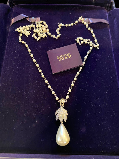 Elizabeth Taylor QVC Crystal Leaf Faux Pearl Drop Pendant Necklace Retired w/ Box