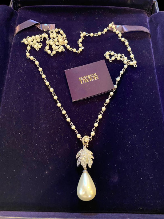 Elizabeth Taylor QVC Crystal Leaf Faux Pearl Drop Pendant Necklace Retired w/ Box