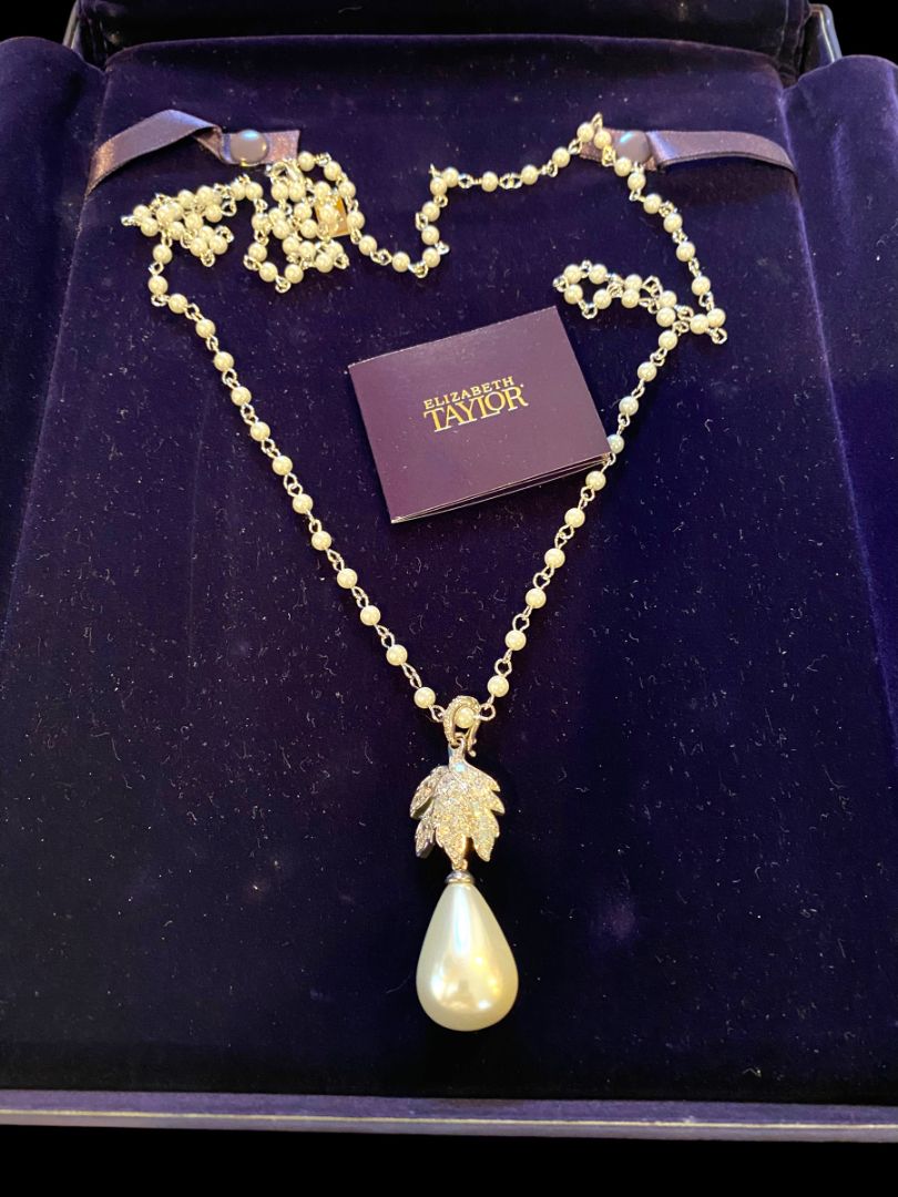 Elizabeth Taylor QVC Crystal Leaf Faux Pearl Drop Pendant Necklace Retired w/ Box