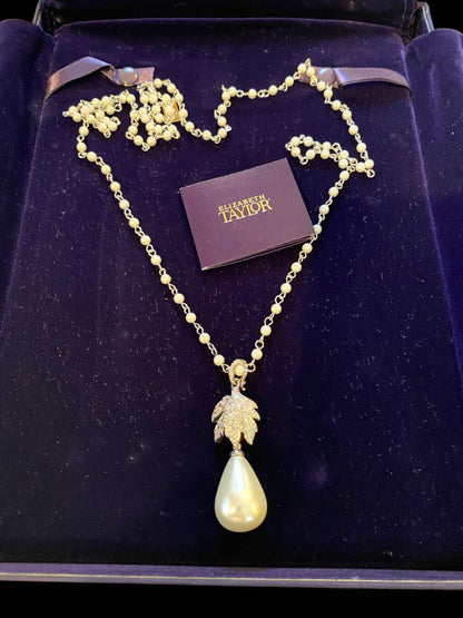 Elizabeth Taylor QVC Crystal Leaf Faux Pearl Drop Pendant Necklace Retired w/ Box