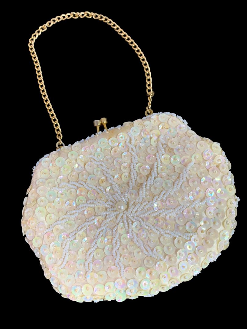 Vintage Ivory Beaded Hinged Evening Bag Clasp Sequins Hong Kong