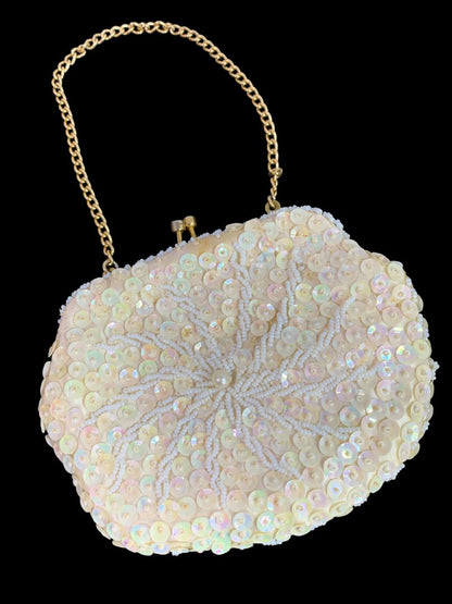 Vintage Ivory Beaded Hinged Evening Bag Clasp Sequins Hong Kong