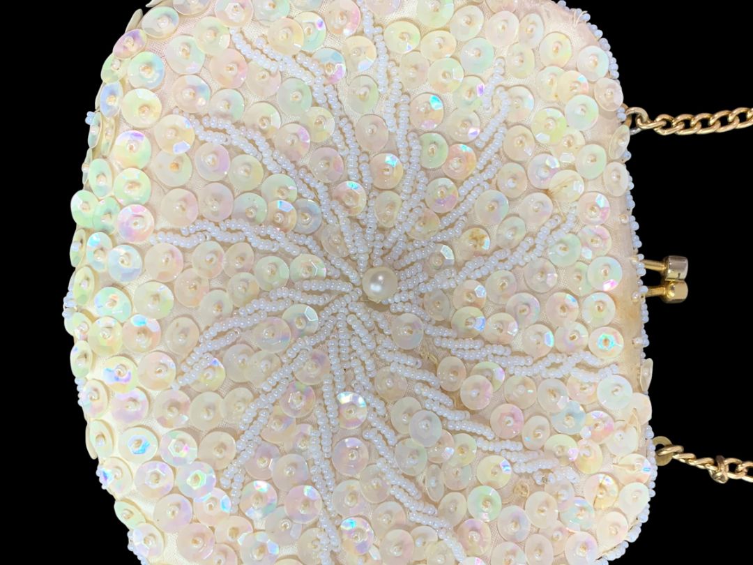 Vintage Ivory Beaded Hinged Evening Bag Clasp Sequins Hong Kong