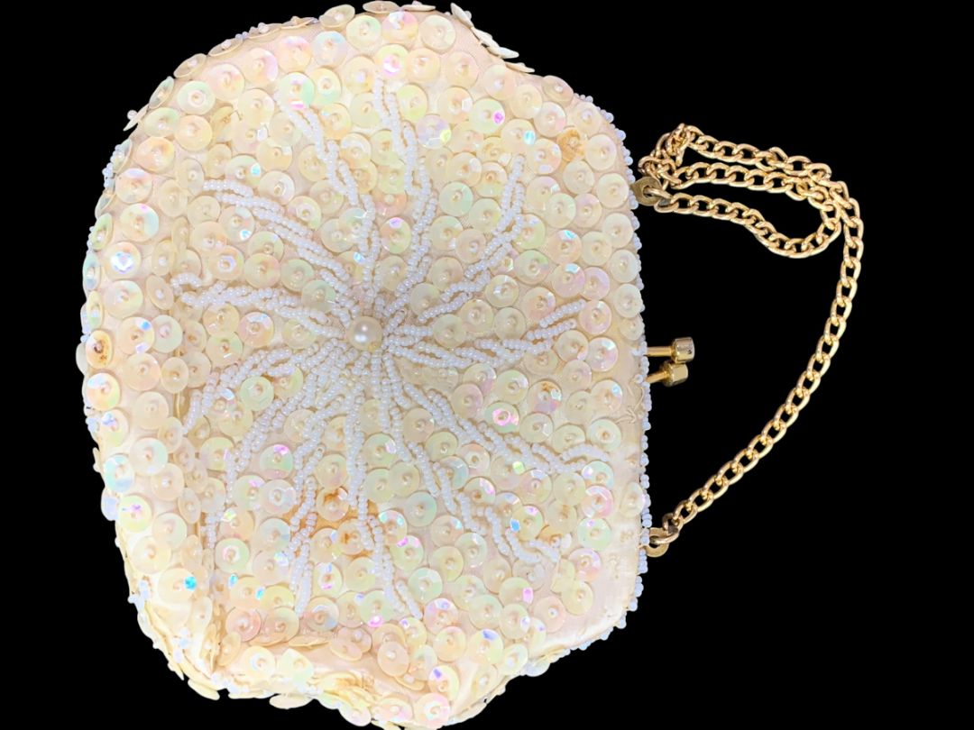 Vintage Ivory Beaded Hinged Evening Bag Clasp Sequins Hong Kong
