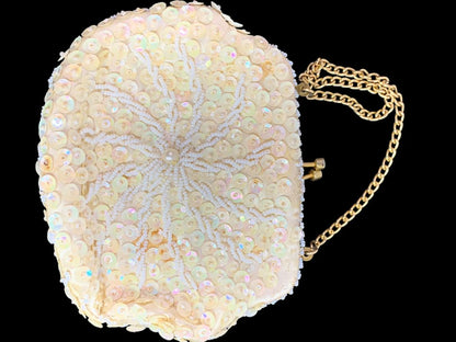 Vintage Ivory Beaded Hinged Evening Bag Clasp Sequins Hong Kong