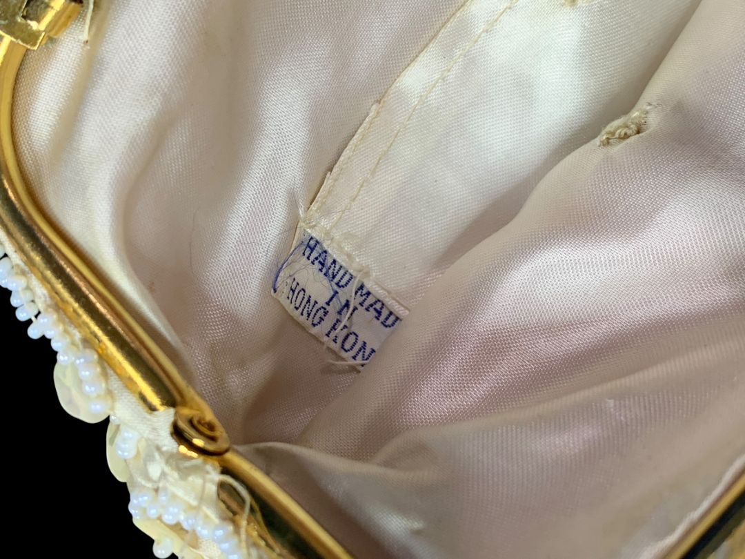 Vintage Ivory Beaded Hinged Evening Bag Clasp Sequins Hong Kong