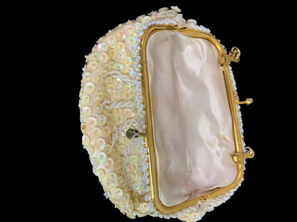 Vintage Ivory Beaded Hinged Evening Bag Clasp Sequins Hong Kong
