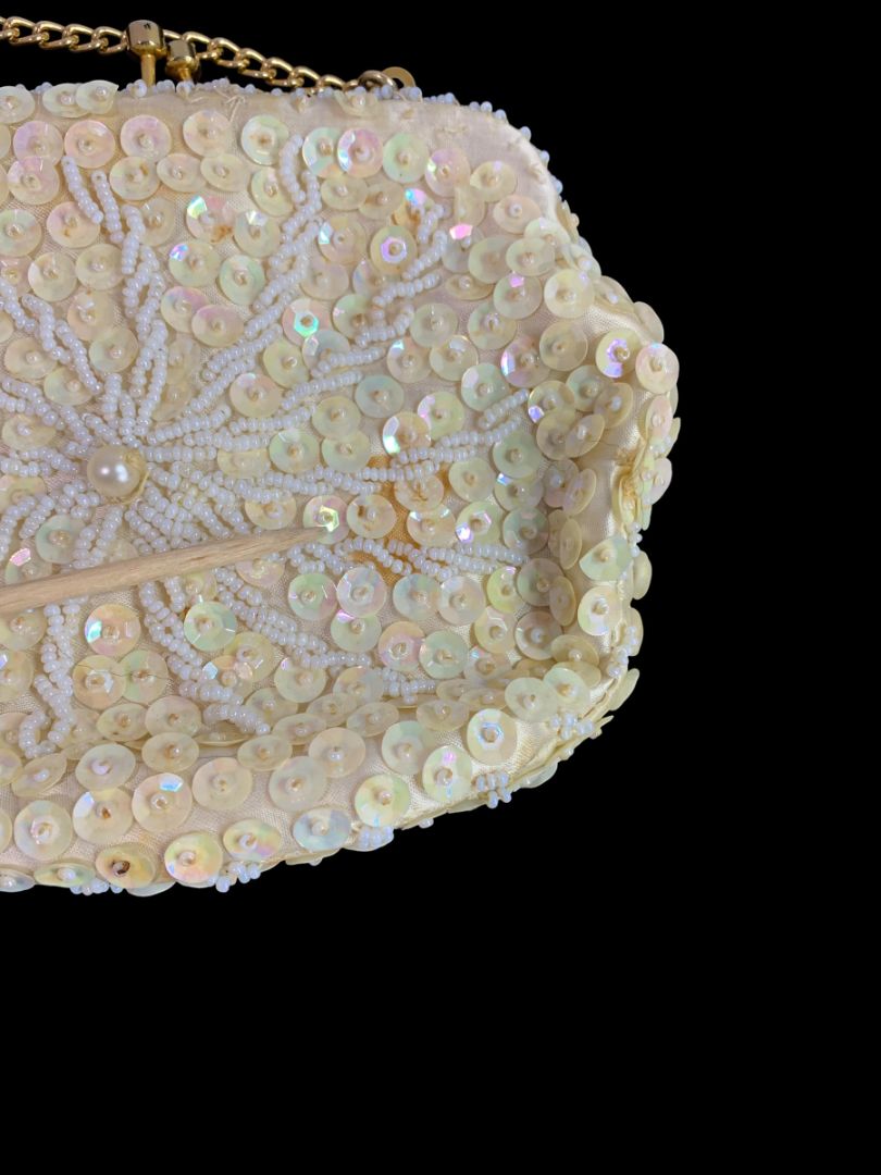 Vintage Ivory Beaded Hinged Evening Bag Clasp Sequins Hong Kong