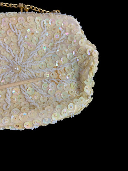 Vintage Ivory Beaded Hinged Evening Bag Clasp Sequins Hong Kong