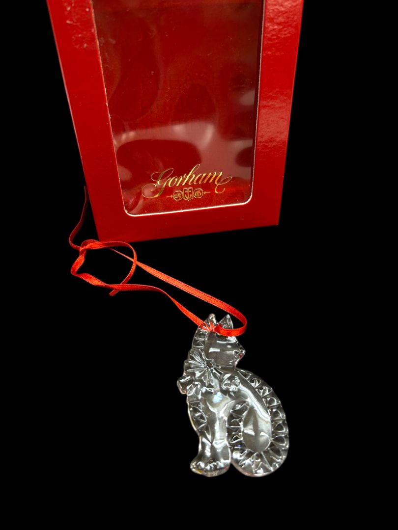 Gorham Crystal Cat Ornament Germany Clear in Box Holiday Christmas 2.5"