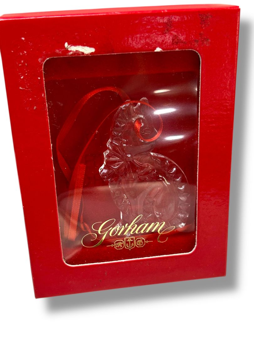 Gorham Crystal Cat Ornament Germany Clear in Box Holiday Christmas 2.5"