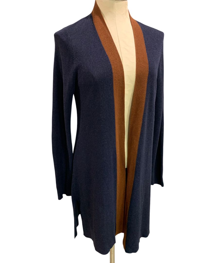 Medium Petite Eileen Fisher Womens Navy Blue Brown Cardigan Silk Blend