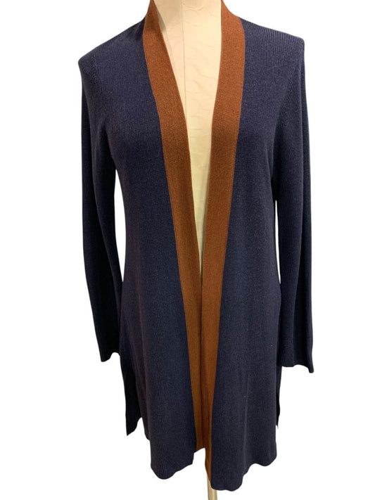 Medium Petite Eileen Fisher Womens Navy Blue Brown Cardigan Silk Blend