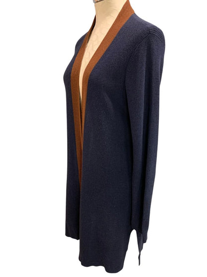 Medium Petite Eileen Fisher Womens Navy Blue Brown Cardigan Silk Blend