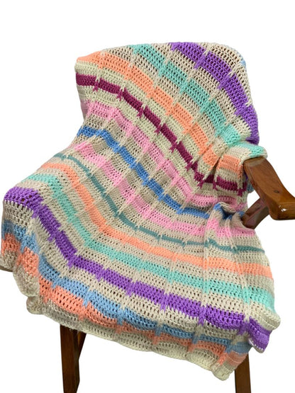 Vintage Crochet Afghan Blanket Bright Pastel Stripes 42" x 50"
