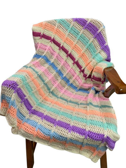 Vintage Crochet Afghan Blanket Bright Pastel Stripes 42" x 50"