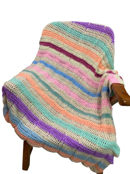 Vintage Crochet Afghan Blanket Bright Pastel Stripes 42" x 50"