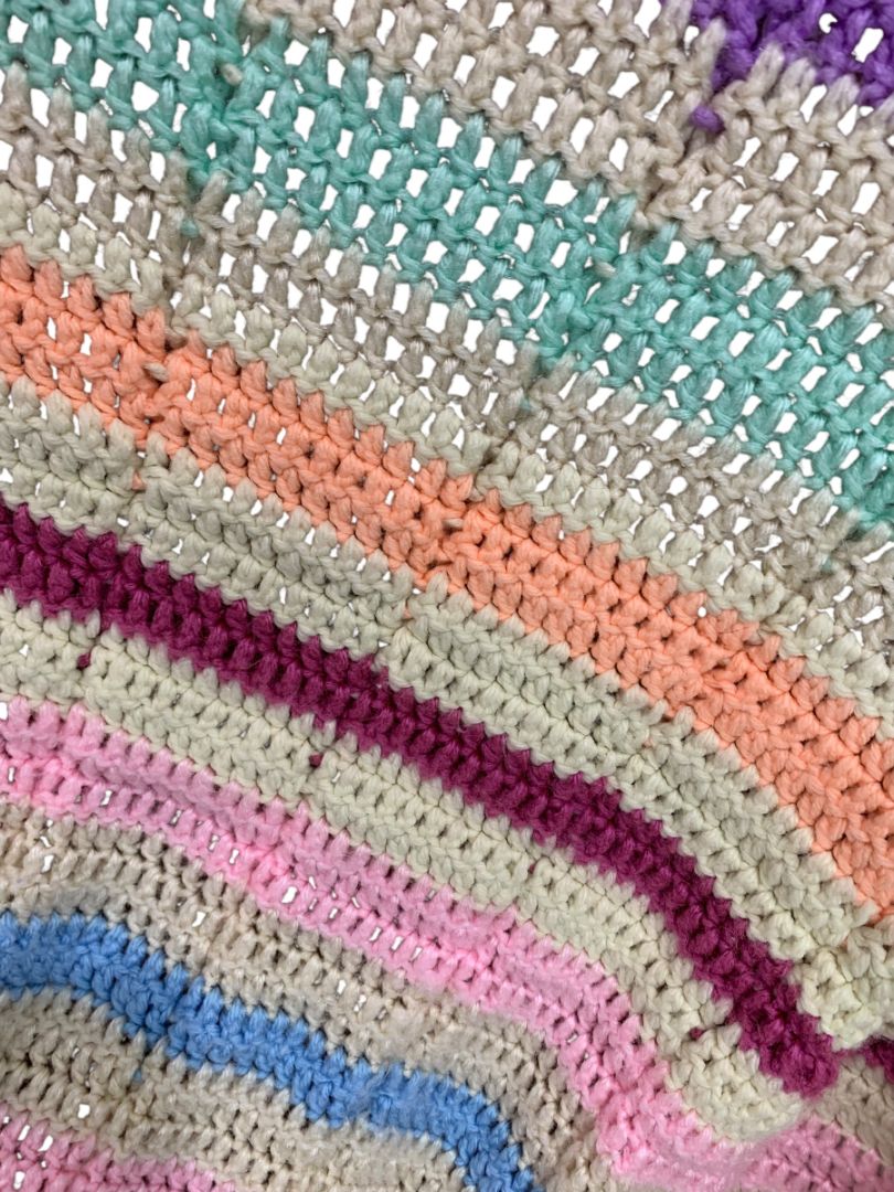 Vintage Crochet Afghan Blanket Bright Pastel Stripes 42" x 50"