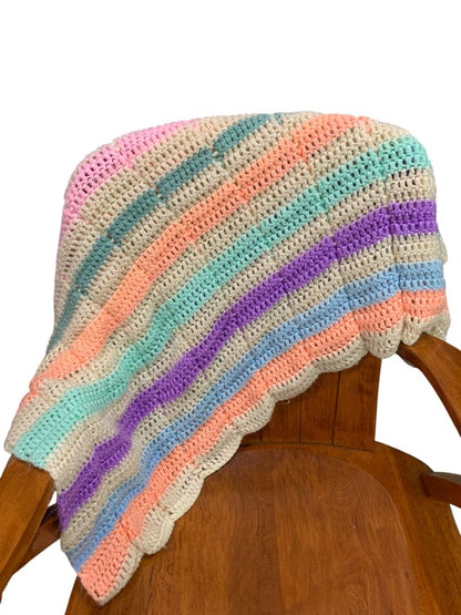 Vintage Crochet Afghan Blanket Bright Pastel Stripes 42" x 50"