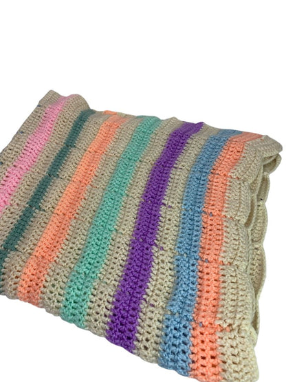 Vintage Crochet Afghan Blanket Bright Pastel Stripes 42" x 50"