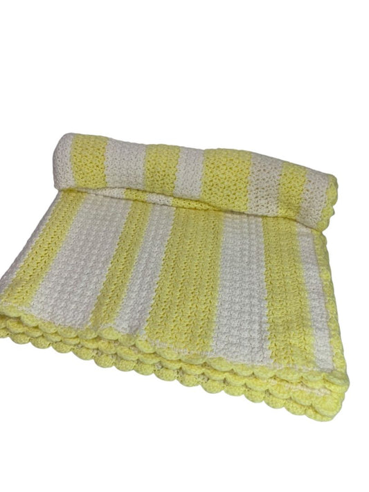 Vintage Crochet Afghan Blanket Pastel Yellow White Stripe 44" x 40"