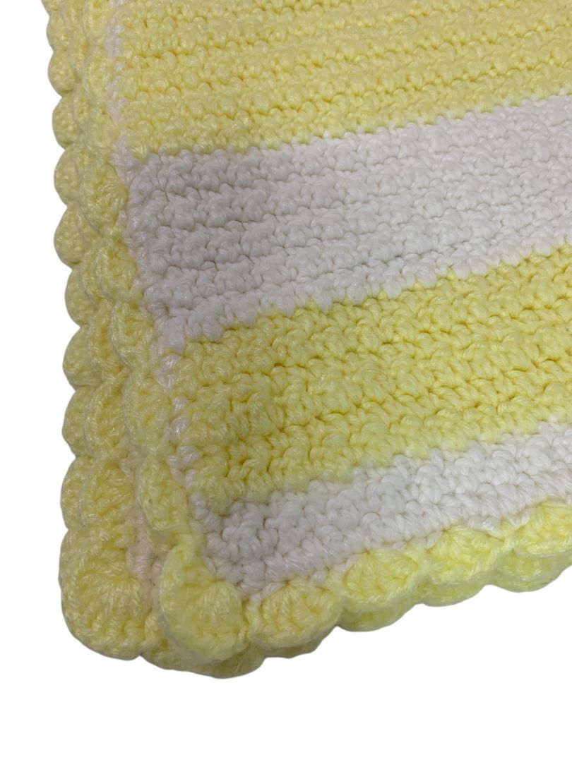 Vintage Crochet Afghan Blanket Pastel Yellow White Stripe 44" x 40"