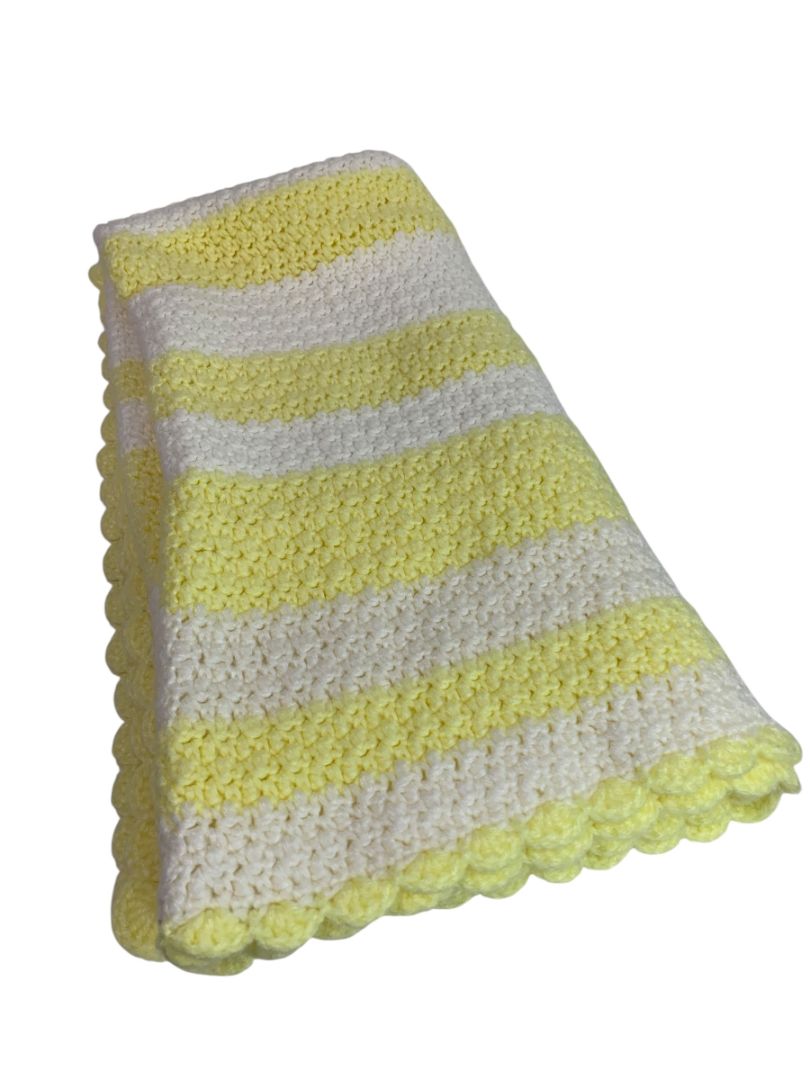 Vintage Crochet Afghan Blanket Pastel Yellow White Stripe 44" x 40"