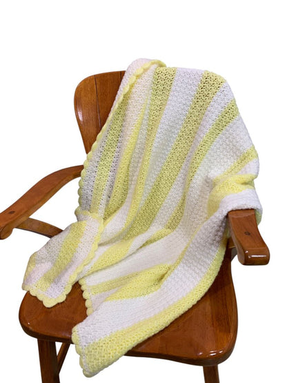 Vintage Crochet Afghan Blanket Pastel Yellow White Stripe 44" x 40"