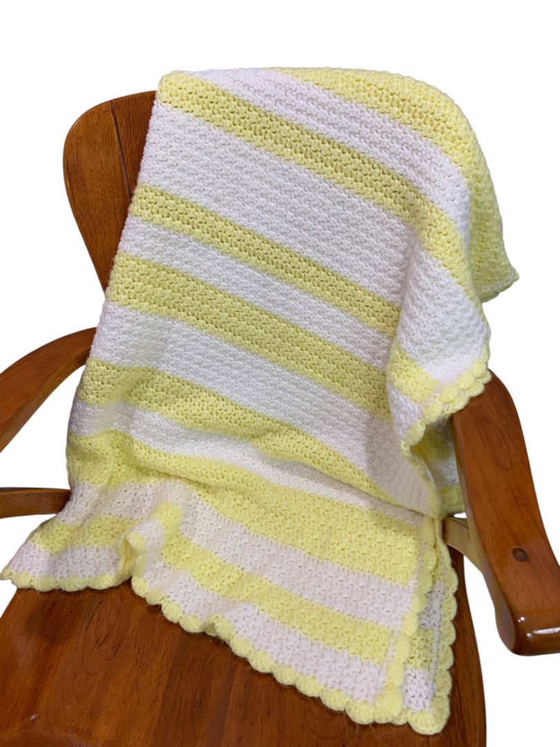 Vintage Crochet Afghan Blanket Pastel Yellow White Stripe 44" x 40"
