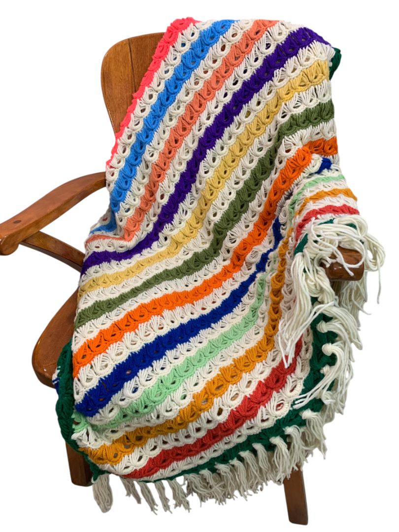 Vintage Striped Crochet Afghan Retro Broomstick Lace Stitch 68" x 50"