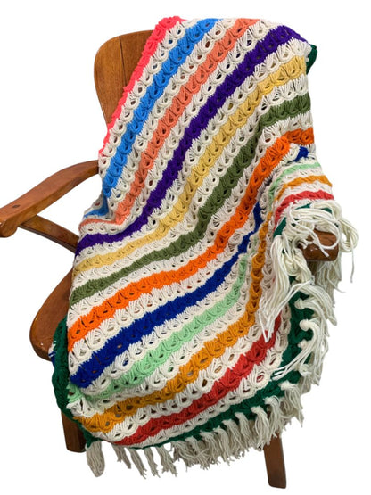 Vintage Striped Crochet Afghan Retro Broomstick Lace Stitch 68" x 50"