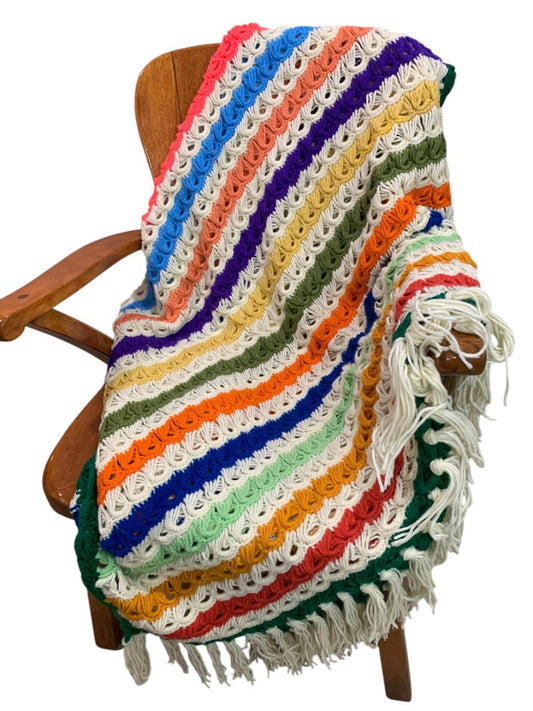 Vintage Striped Crochet Afghan Retro Broomstick Lace Stitch 68" x 50"