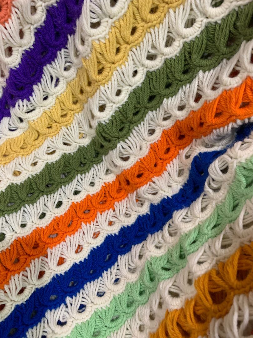 Vintage Striped Crochet Afghan Retro Broomstick Lace Stitch 68" x 50"
