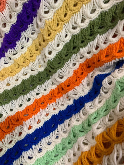 Vintage Striped Crochet Afghan Retro Broomstick Lace Stitch 68" x 50"