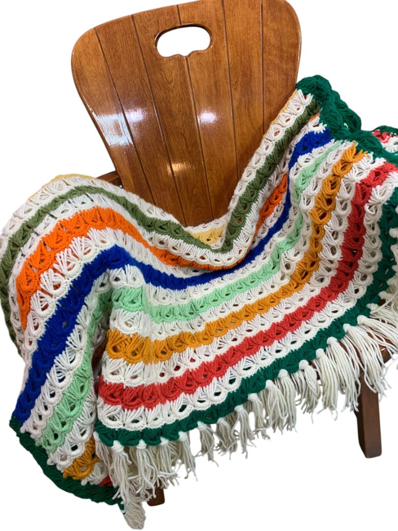 Vintage Striped Crochet Afghan Retro Broomstick Lace Stitch 68" x 50"