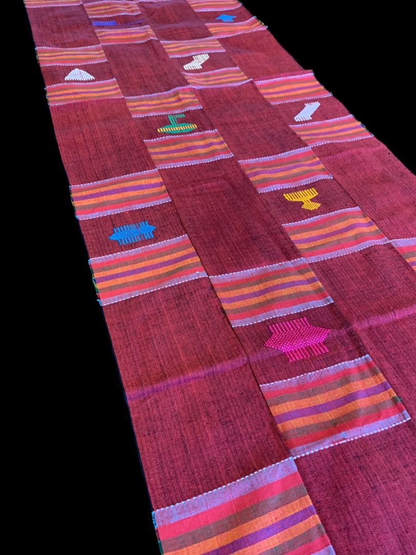 Vintage Table Runner Patchwork Red Embroidered Fringed 76" x 17"