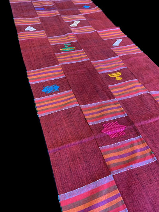 Vintage Table Runner Patchwork Red Embroidered Fringed 76" x 17"