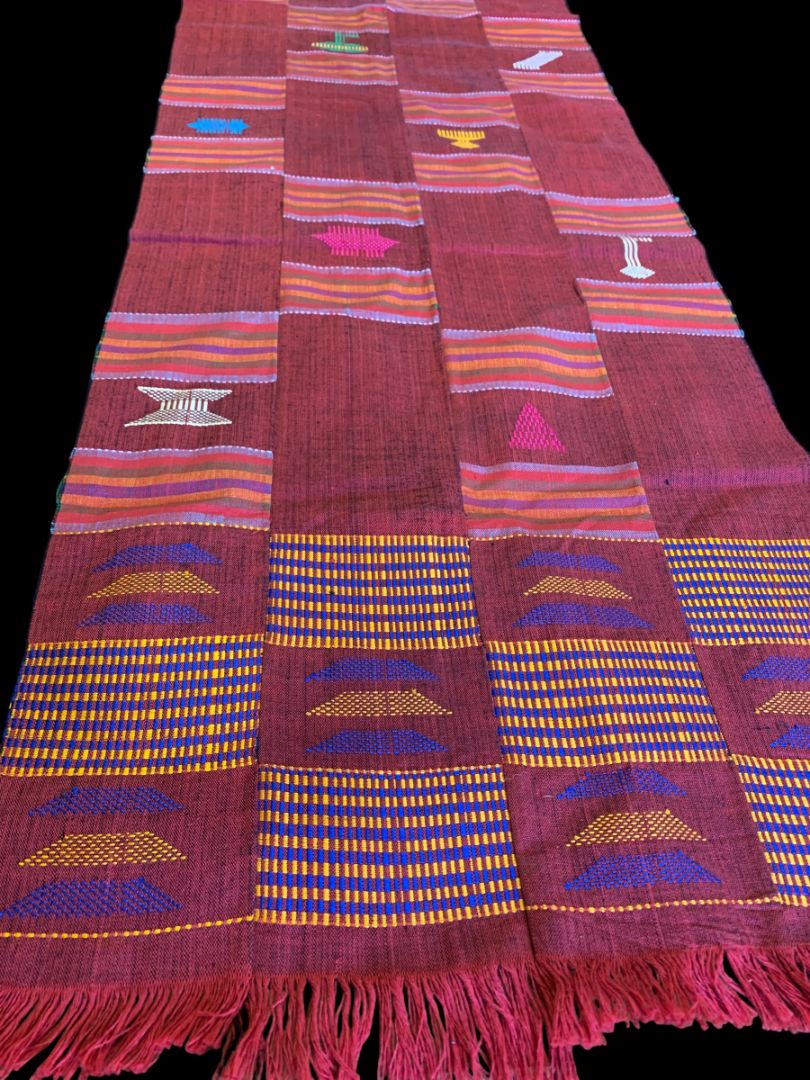 Vintage Table Runner Patchwork Red Embroidered Fringed 76" x 17"