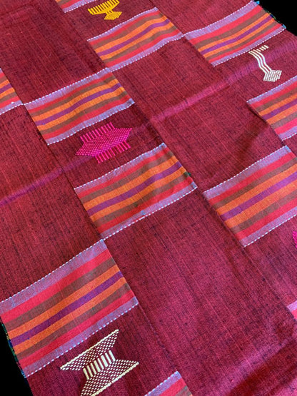 Vintage Table Runner Patchwork Red Embroidered Fringed 76" x 17"