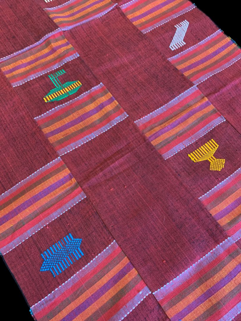 Vintage Table Runner Patchwork Red Embroidered Fringed 76" x 17"