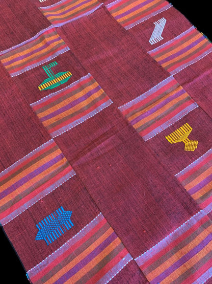 Vintage Table Runner Patchwork Red Embroidered Fringed 76" x 17"